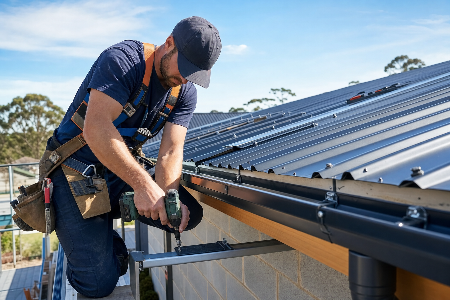 Roof plumber installing metal roofing materials